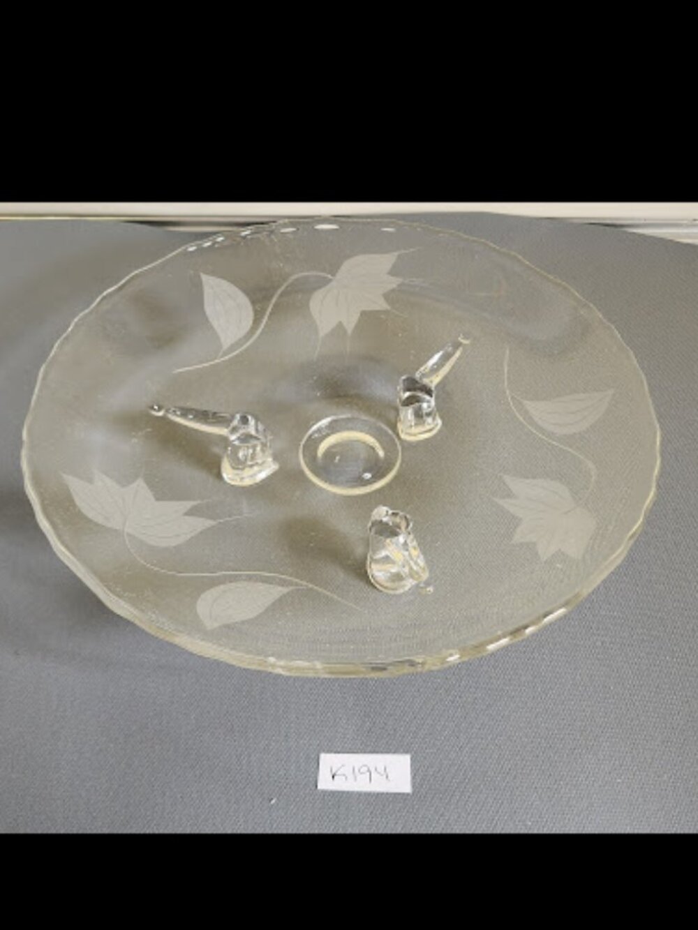 Vintage 7.5" Round Etched Floral Scalloped Clear Glass Footed Platter